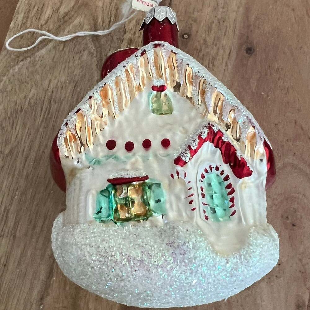 Artisan Poland hand-blown painted Christmas tree ornament gingerbread house